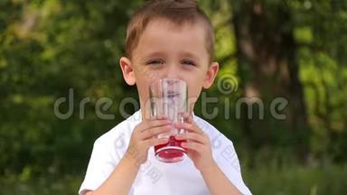 大自然中的一个孩子从杯子里<strong>喝果汁</strong>。 这个男孩喜欢<strong>喝</strong>健康的饮料。